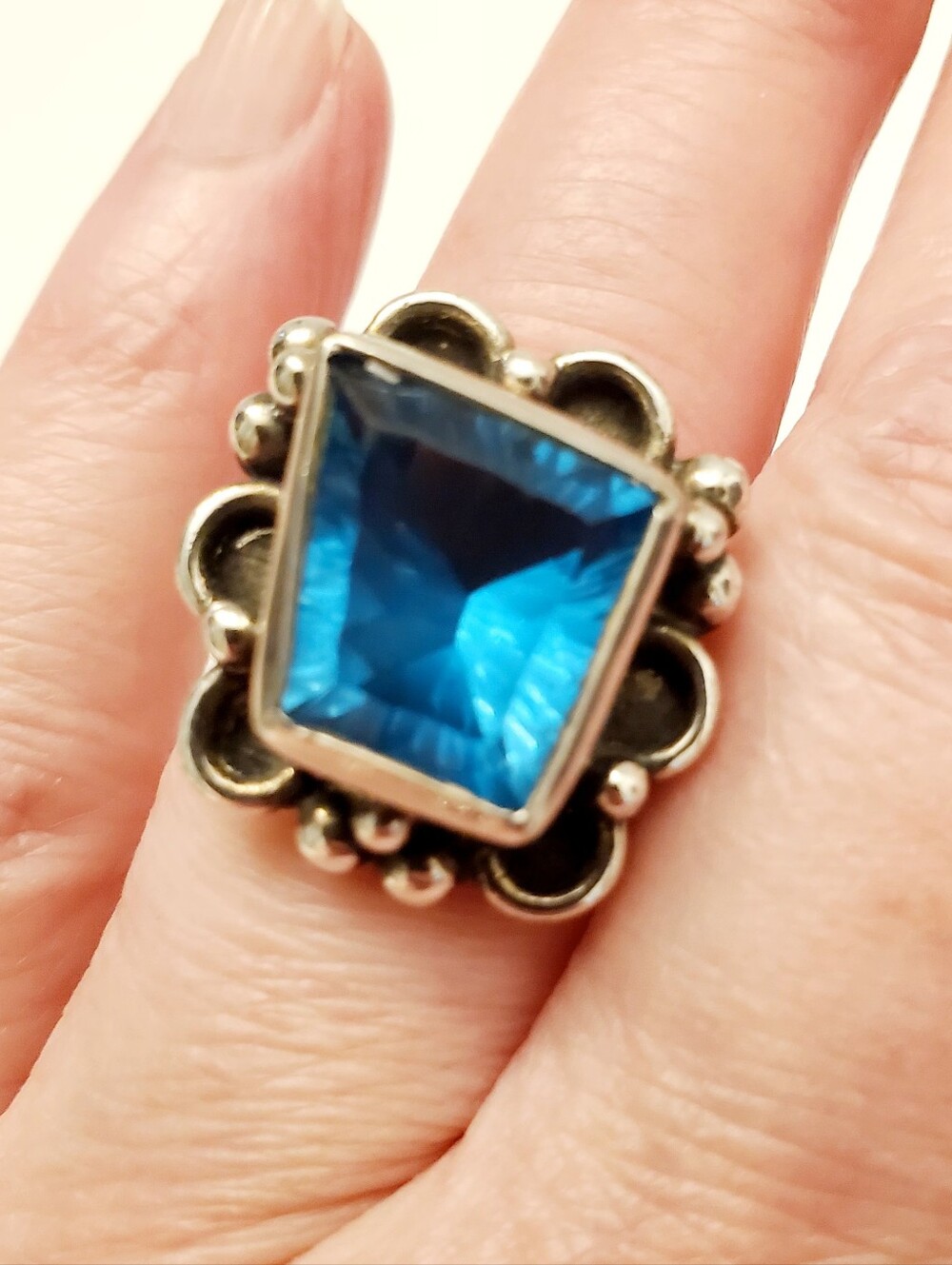 Elegant Sterling Silver & Synthetic Blue Stone Ring, Artison Made Size 7, .925